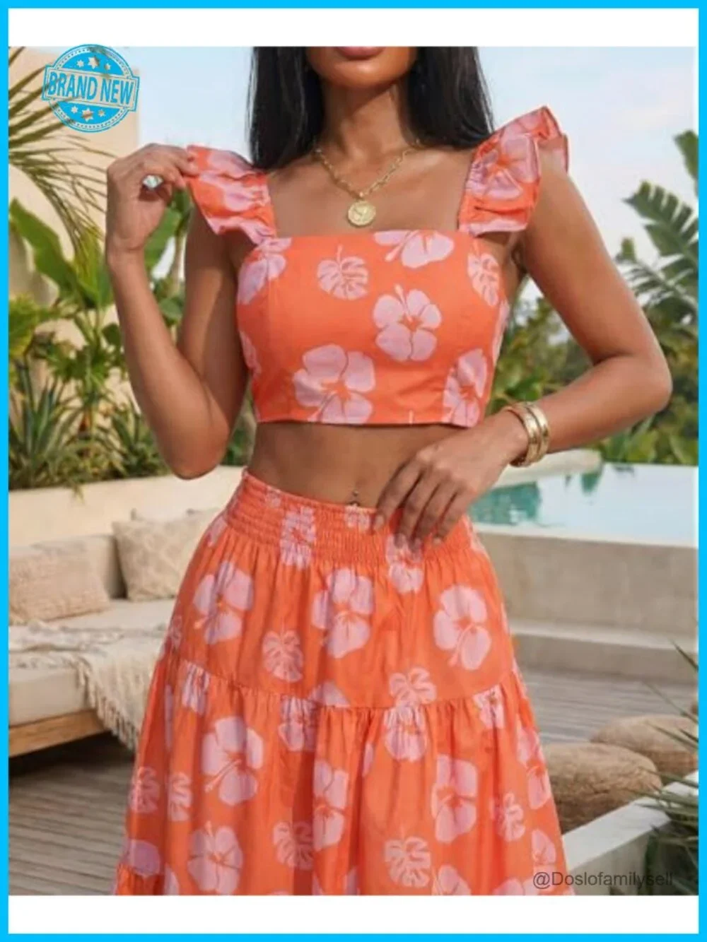 2-Piece Maxi Skirt Set Tropical Floral Boho Vacation Outfit High Waist Ruffle